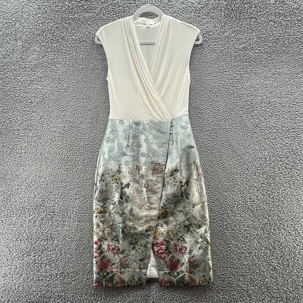 Ted Baker Dress 4 Cream Icy Blue‎ Floral Jacquard Faux Wrap Party Wedding Midi